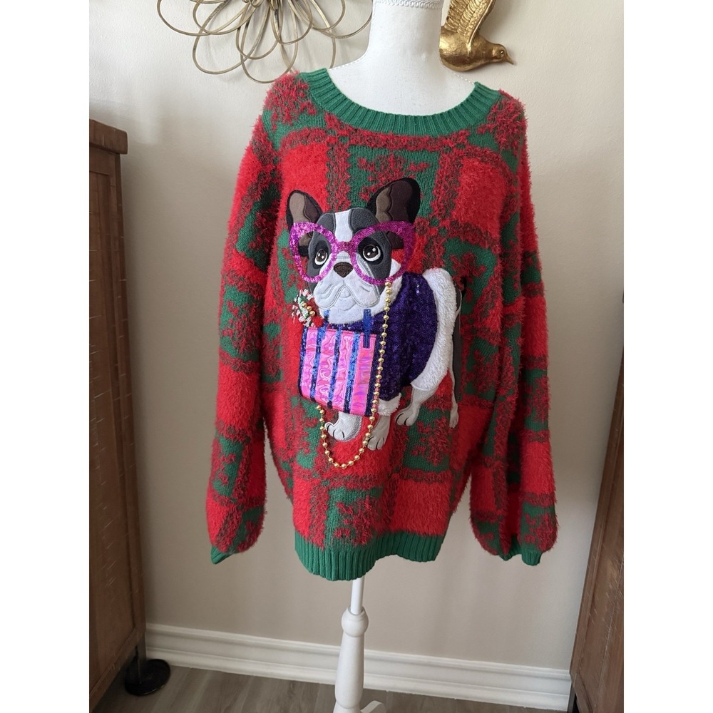 Ugly Christmas Sweater Women 1X 16W 18W 3D Dog Sequin Purse Plaid Plus Size